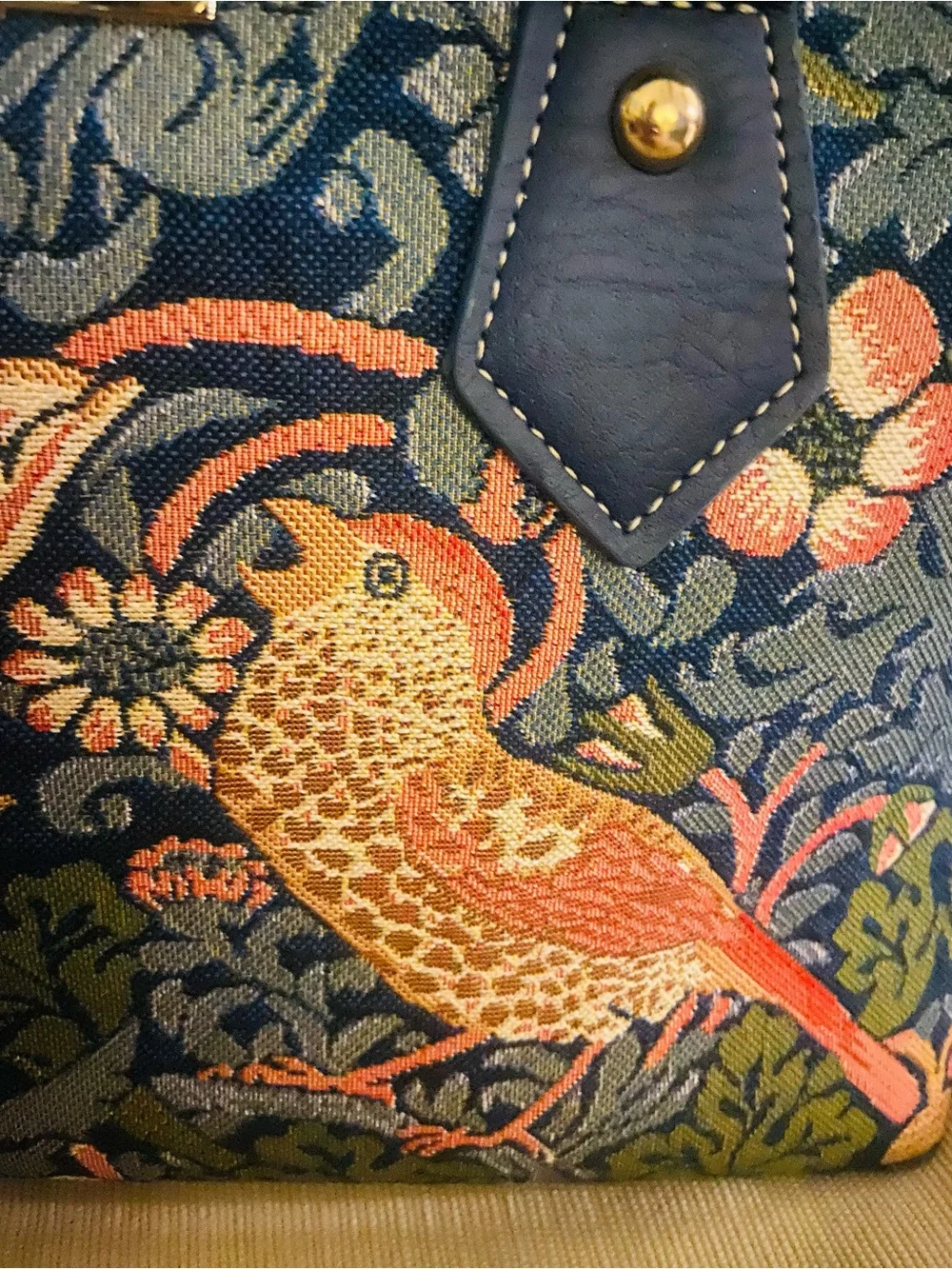 Floral Bird-Embroidered Satchel Handbag - Blue